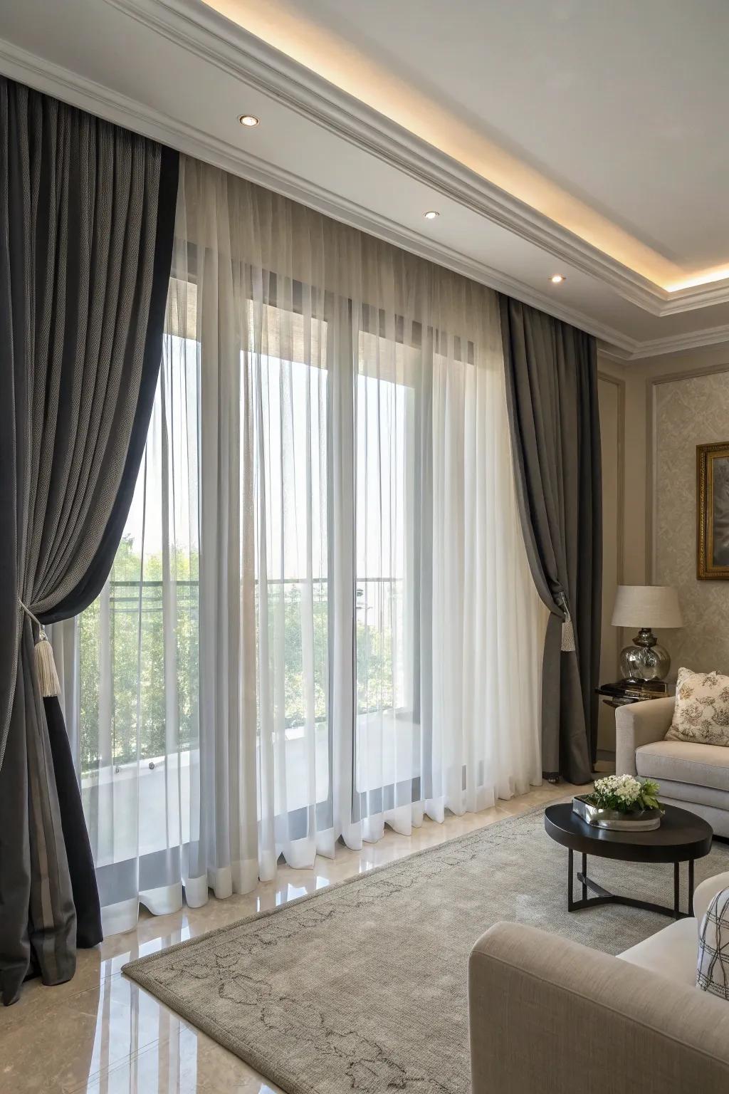 Layered drapes present a sumptuous and adaptable resolution.