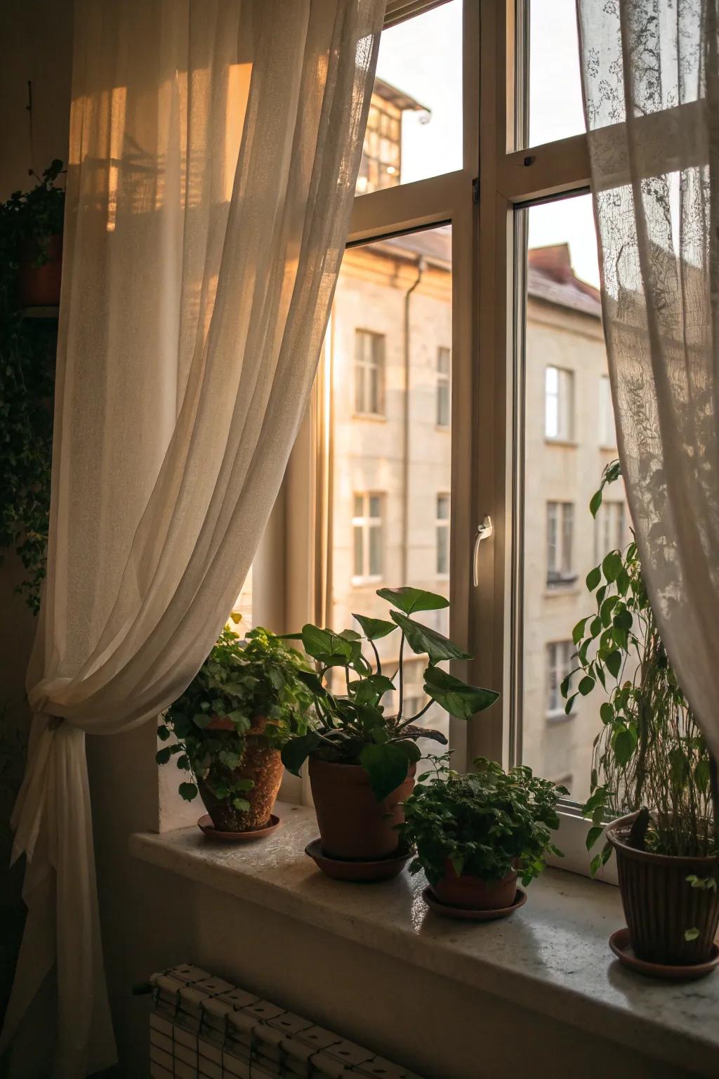Ornamental additions like drapes and flora enhance this window.
