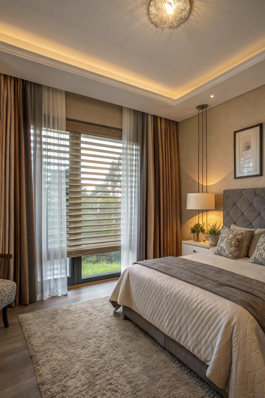 Combine venetian blinds and fabrics for a multilayered, versatile appearance.