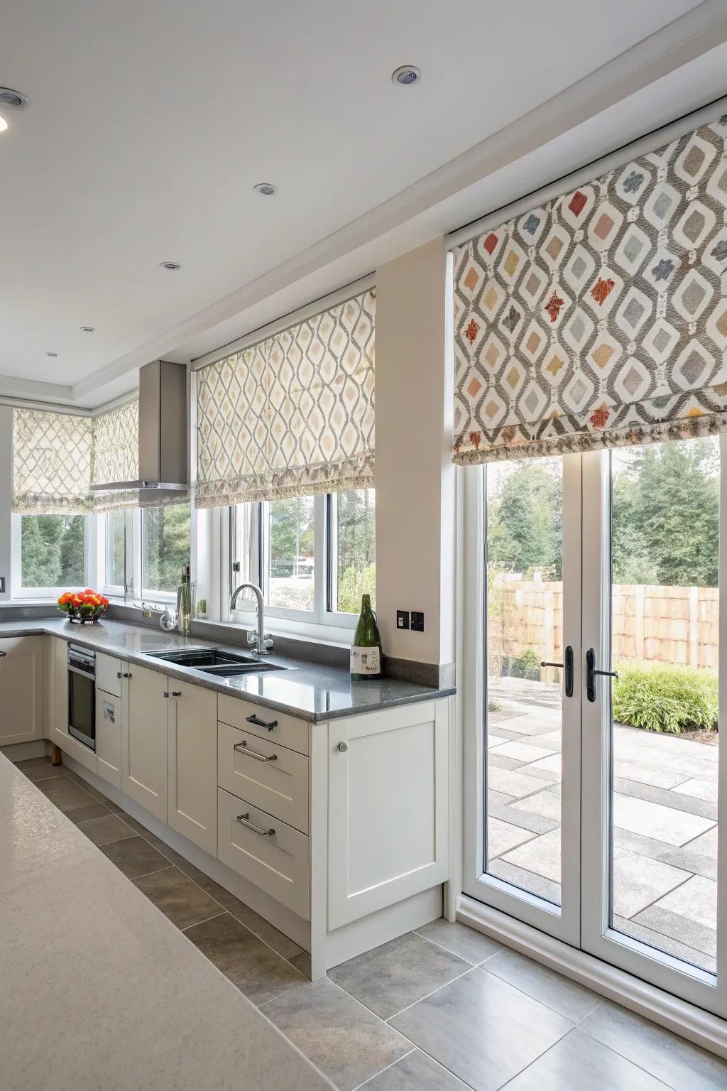 Pull down shades offer a contemporary feel for casement windows.