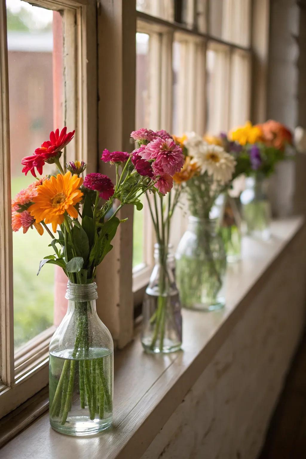 Containers filled with flowers offer a splash of color and liveliness.