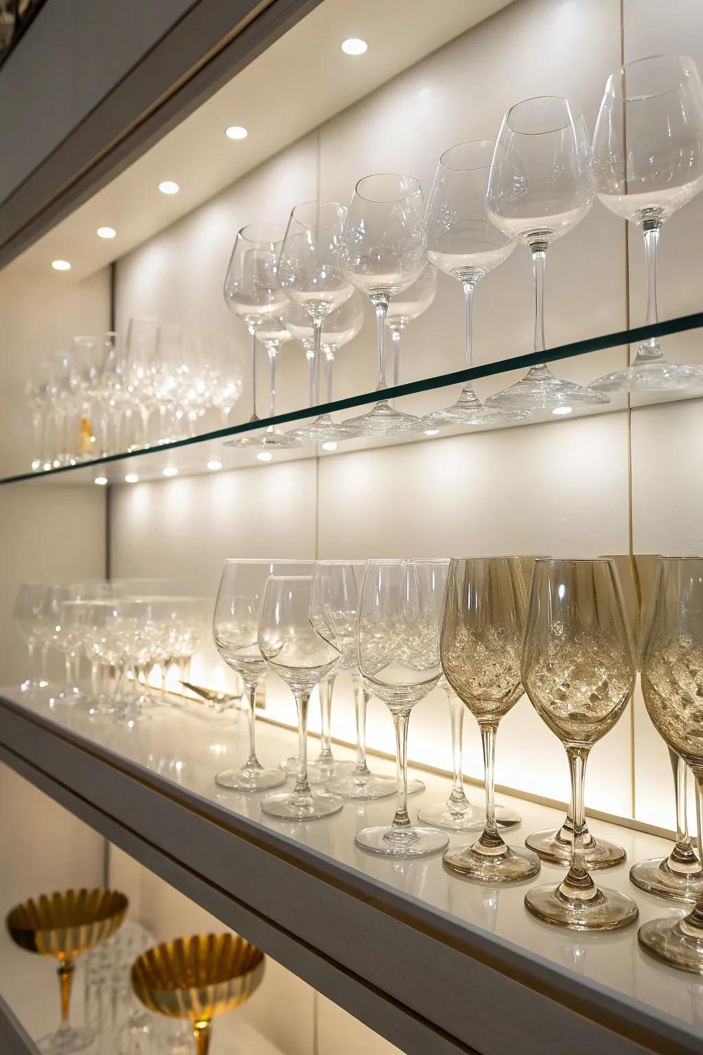 An illuminated display accentuating wine glasses.