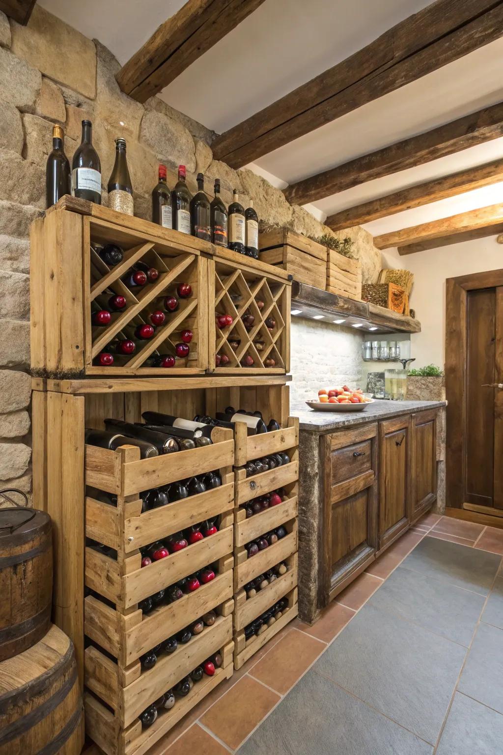 A wine rack made from vintage crates adding nostalgic charm.