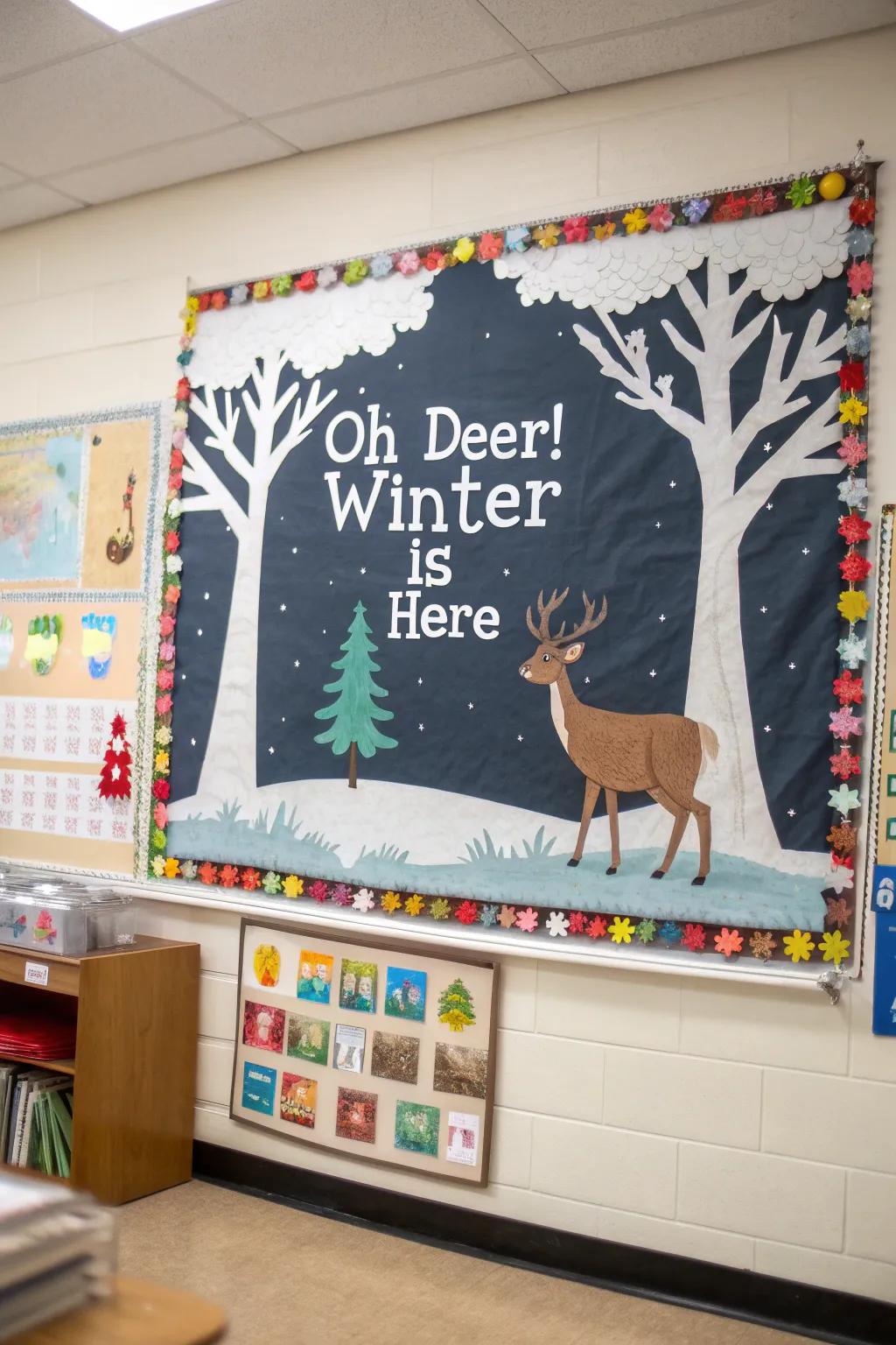 Playful deer joyfully announce the arrival of winter on the bulletin board.