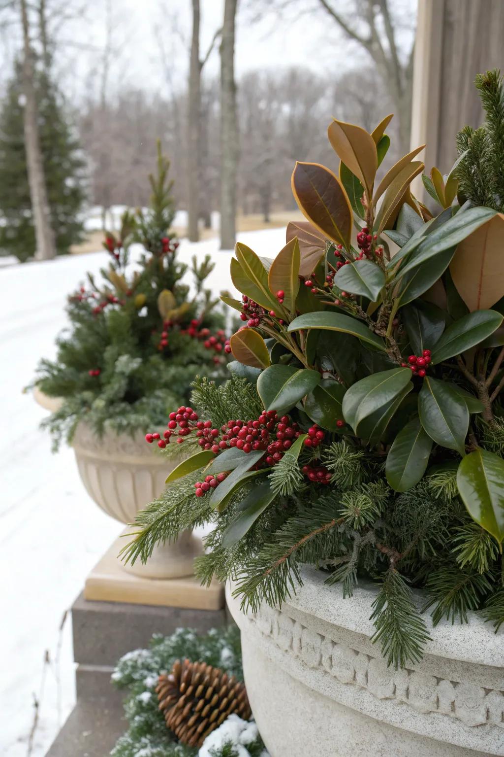 Magnolia leaves introduce a sophisticated touch with their striking contrast.