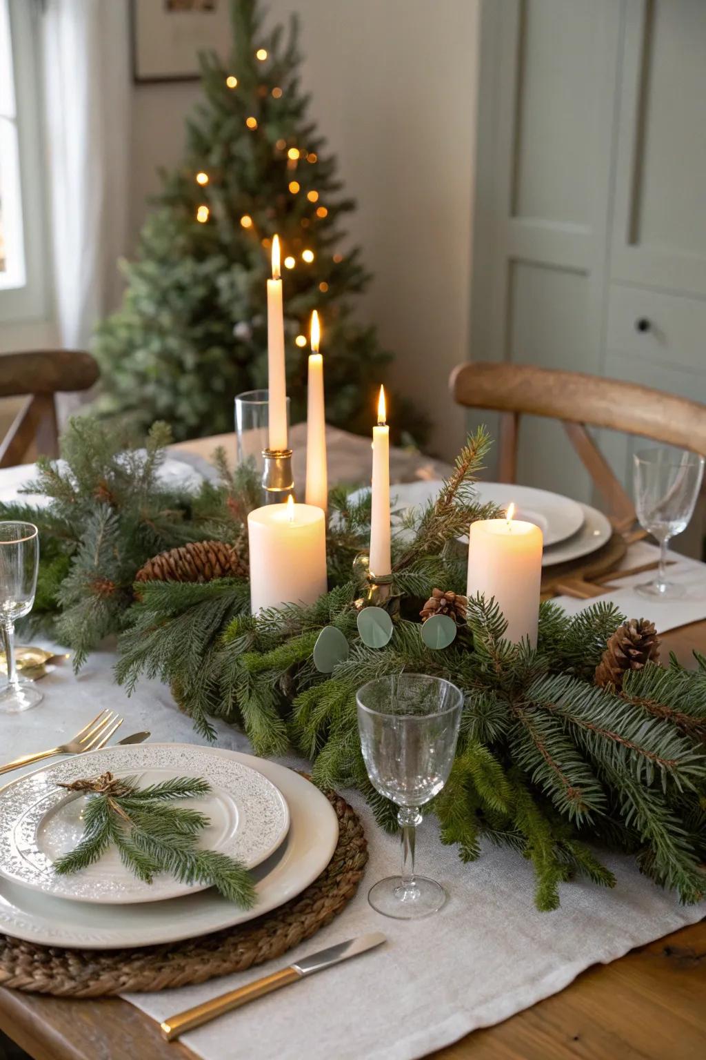 A festive greenery focal point adds elegance to the dining table.