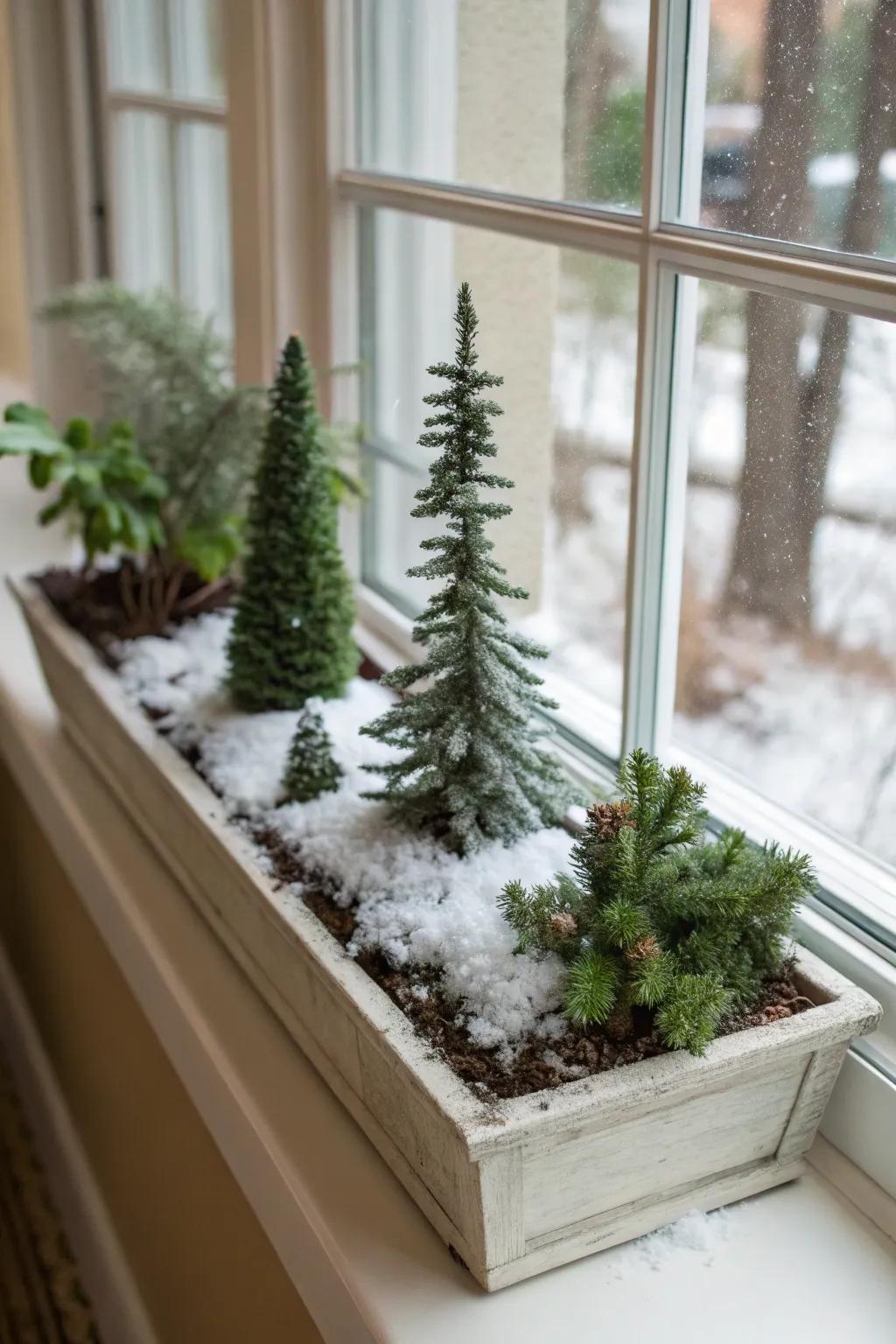 Miniature trees with faux snow create a whimsical forest scene in this window box.