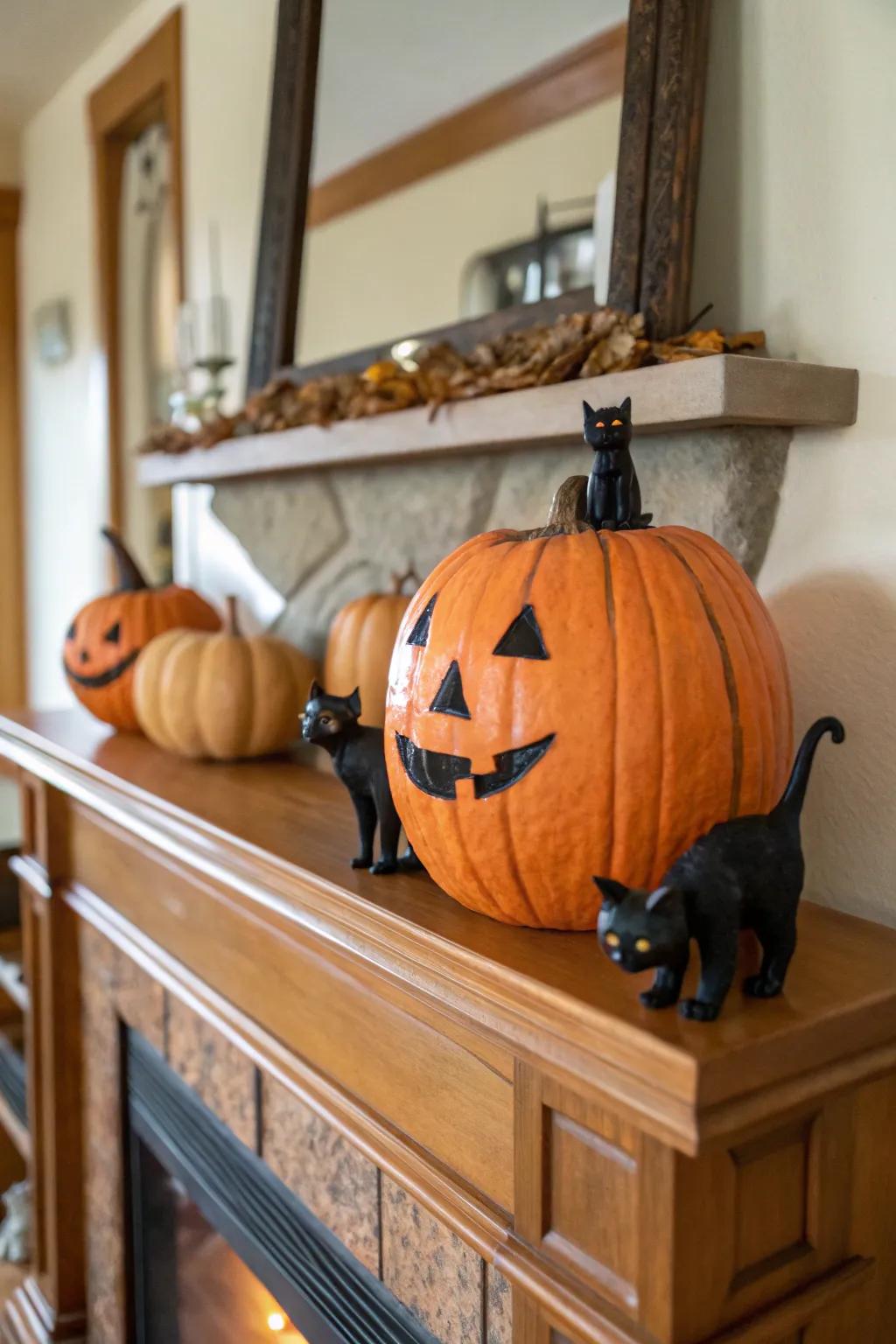 Gourd escorted by enigmatic ebony felines.