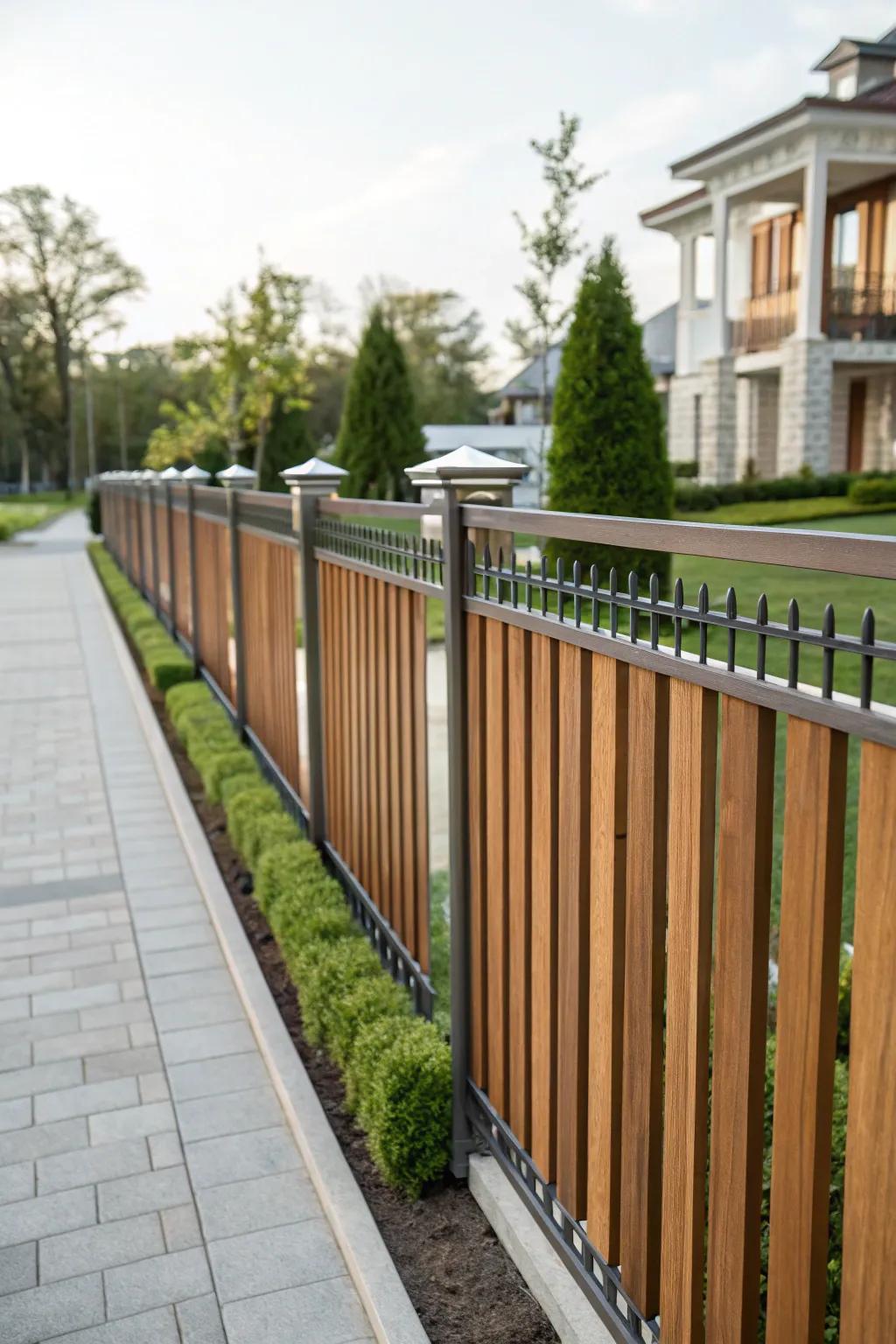 An elegant fence styled with upright lumber strips and metallic detailing.