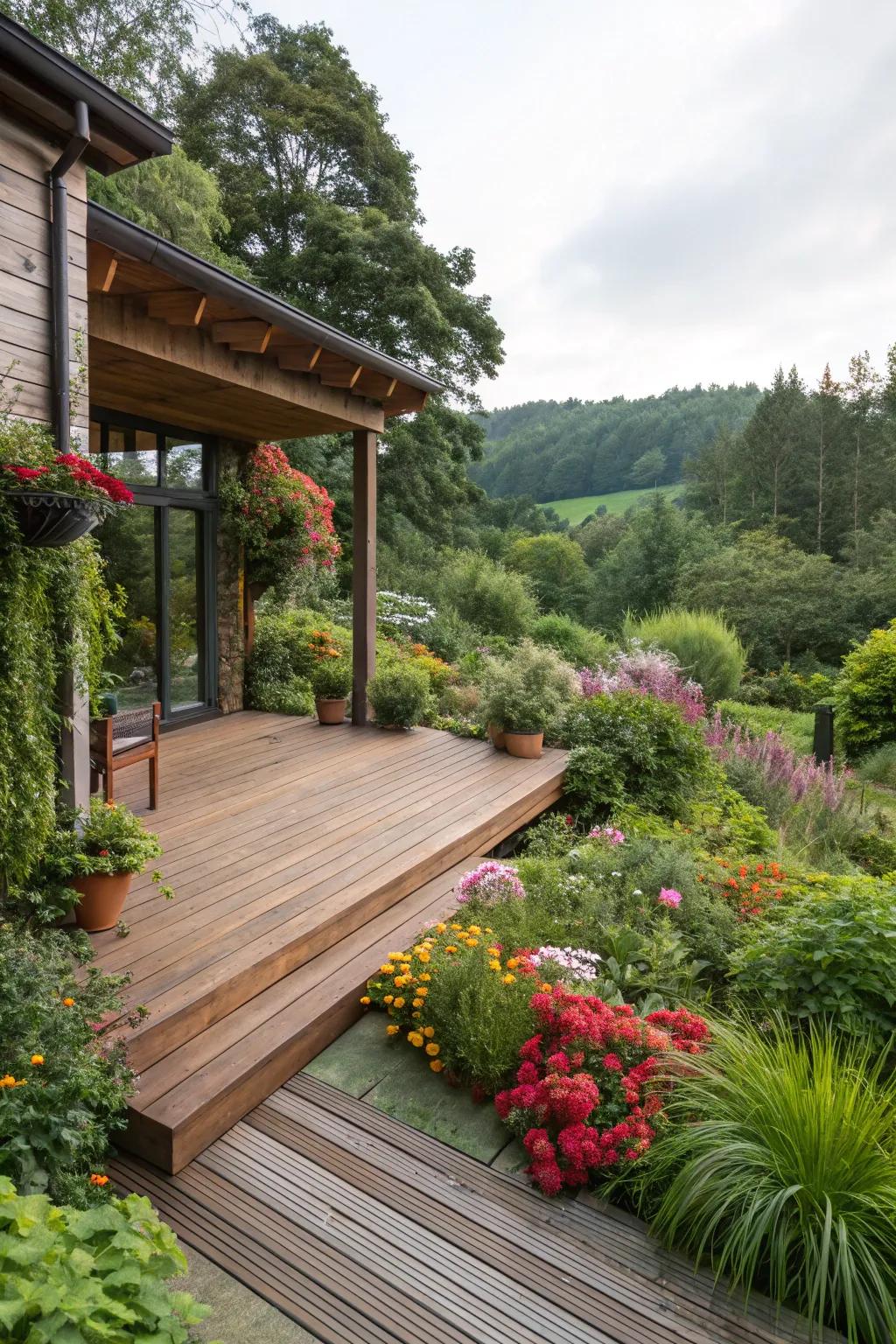 Fusing your deck with a garden cultivates a harmonious outdoor setting.