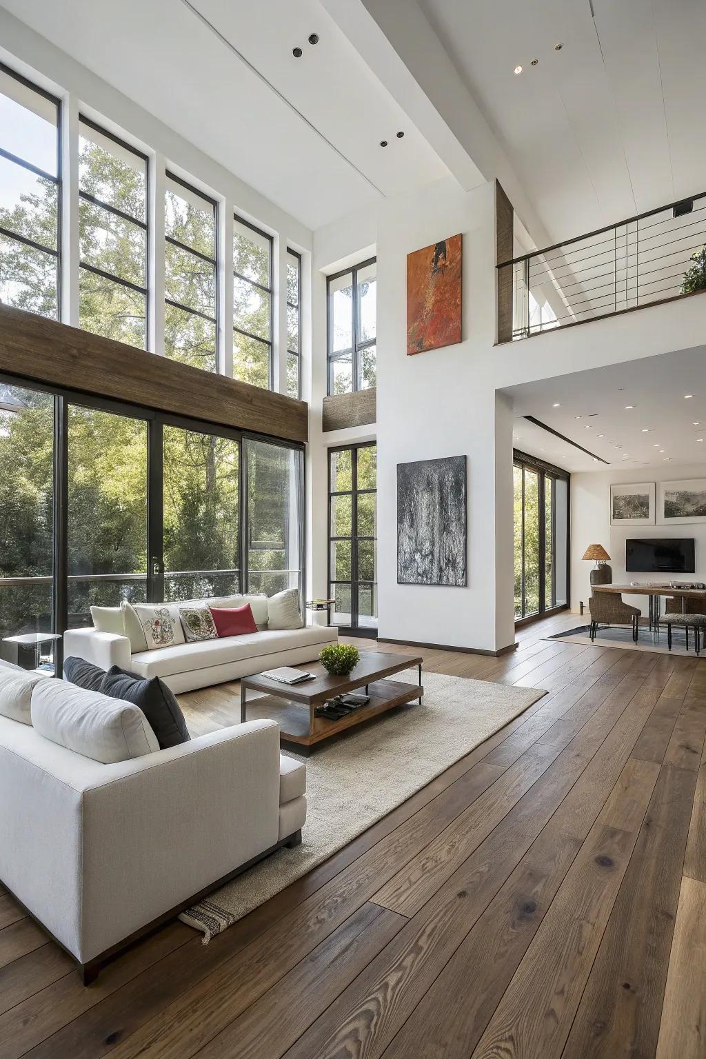 A contemporary area enhanced by expansive board timber flooring.