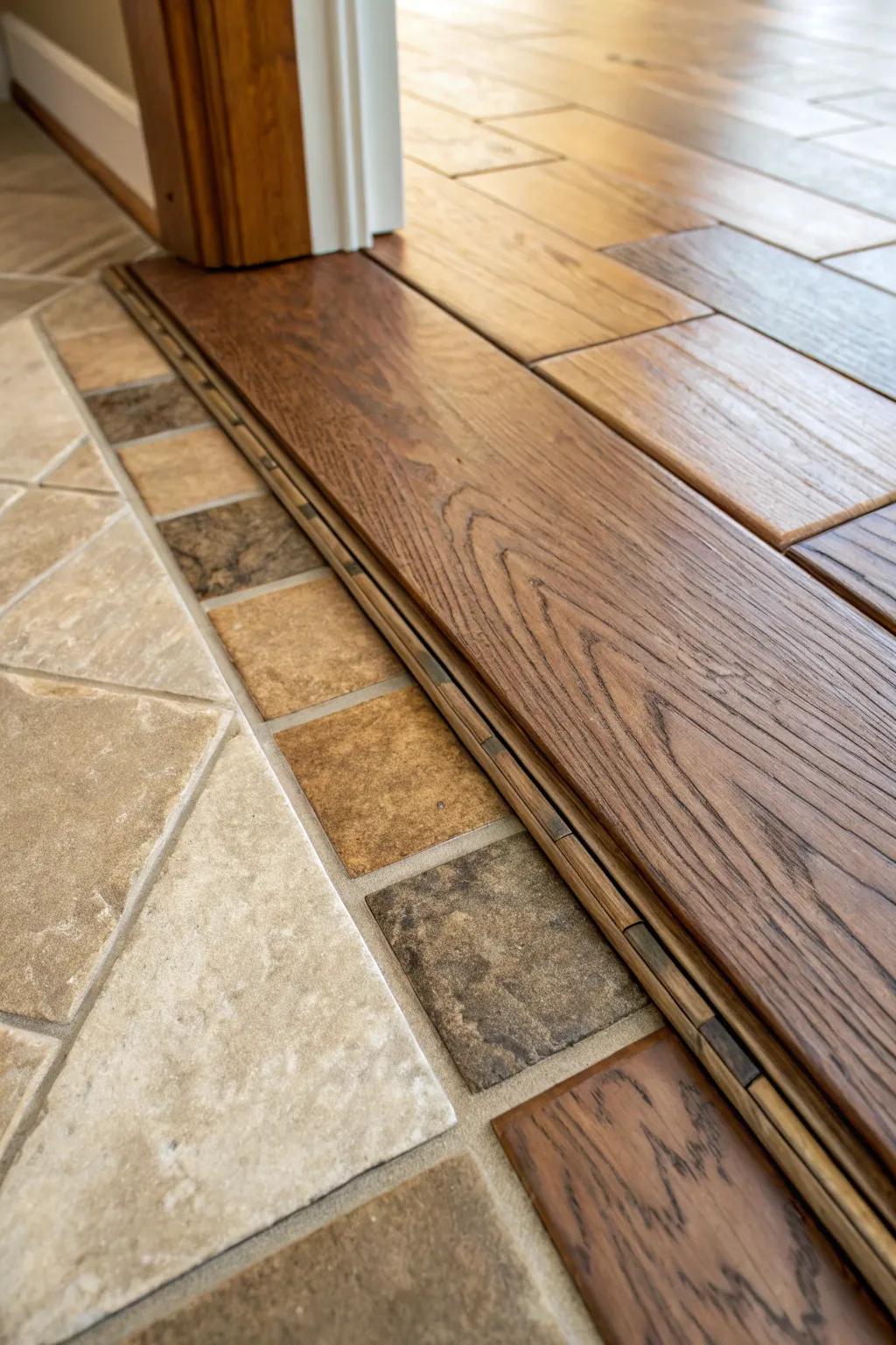 A detailed view of a threshold strip making the transition between tile and wood flooring.