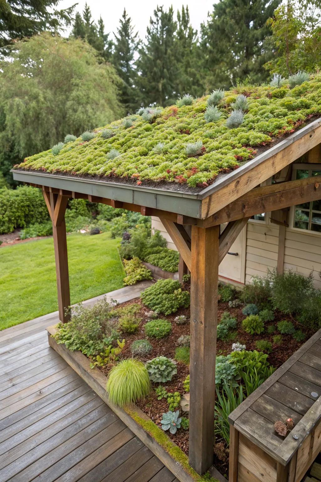 A vibrant green roof atop a wooden patio cover.