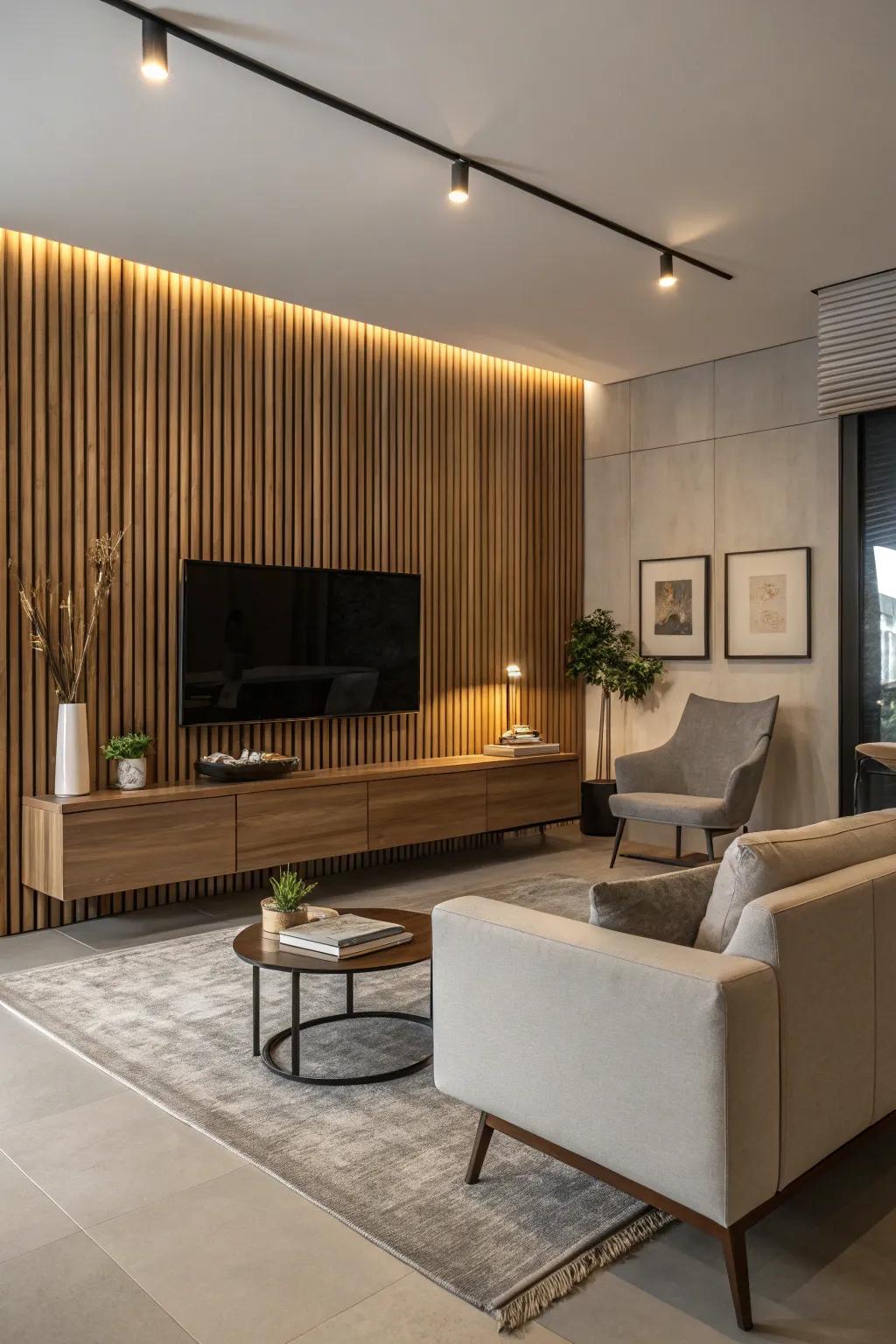 Refine your media area using a wooden panel television background.