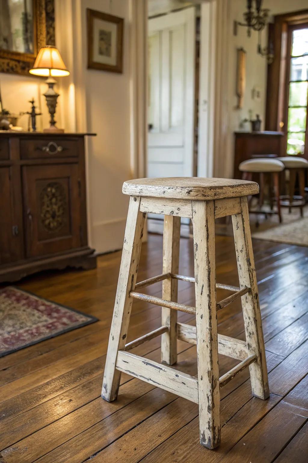 This distressed wood stool radiates vintage beauty.