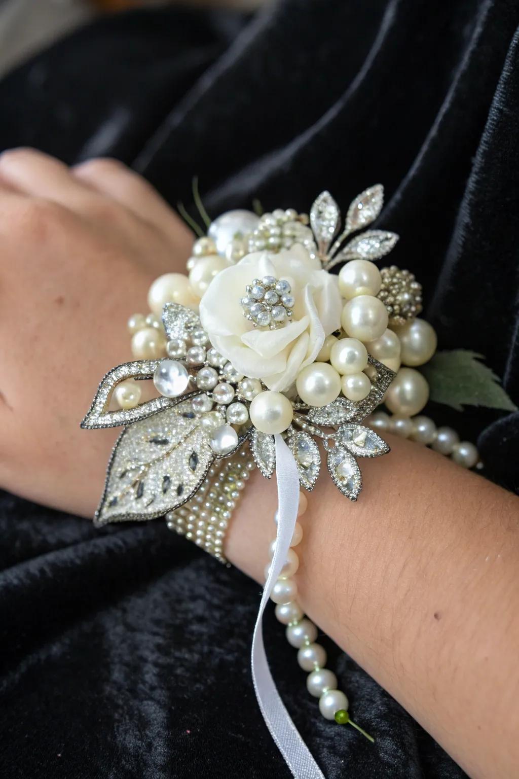 Dazzling wrist adornment adorned with pearls and jewels.