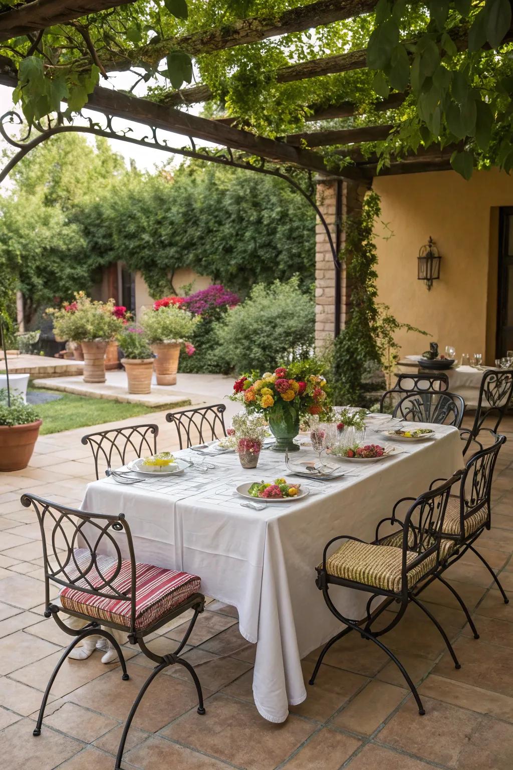 An iron dining collection establishes an inviting area for outdoor meals.