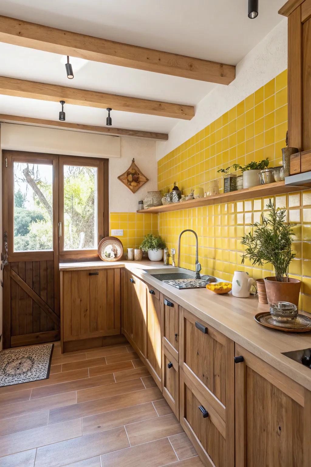 Goldenrod and lumber features create a warm, welcoming cooking space.
