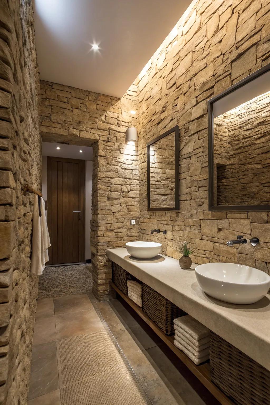 Surfaces with texture lend dimension and individuality to a zen restroom.
