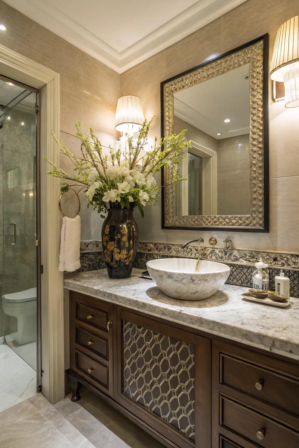 A vintage vase serves as a statement piece in this half bath.
