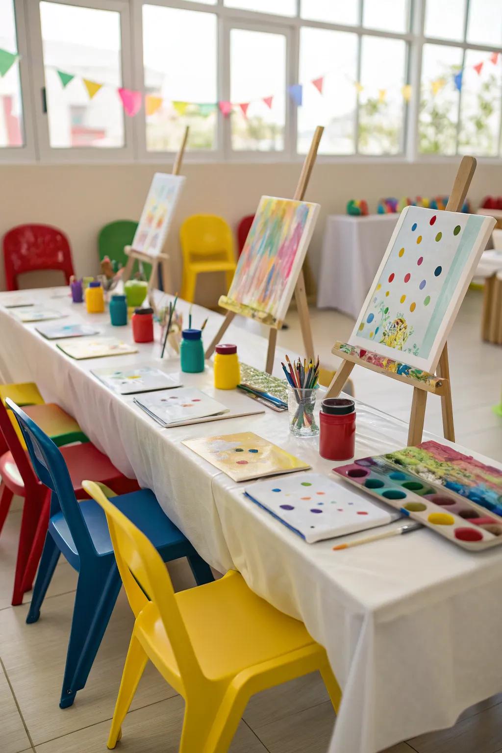 An artistic paint party arrangement set up to unleash creativity.