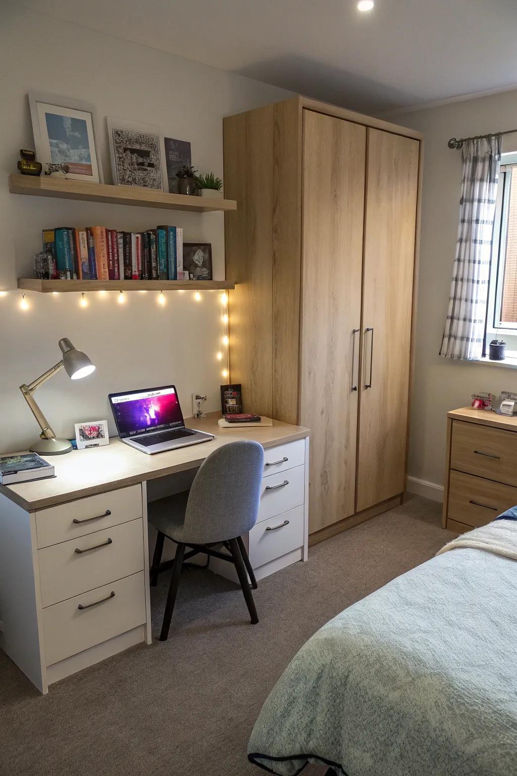 Functional furniture with ambient lighting creates a productive and stylish workspace.