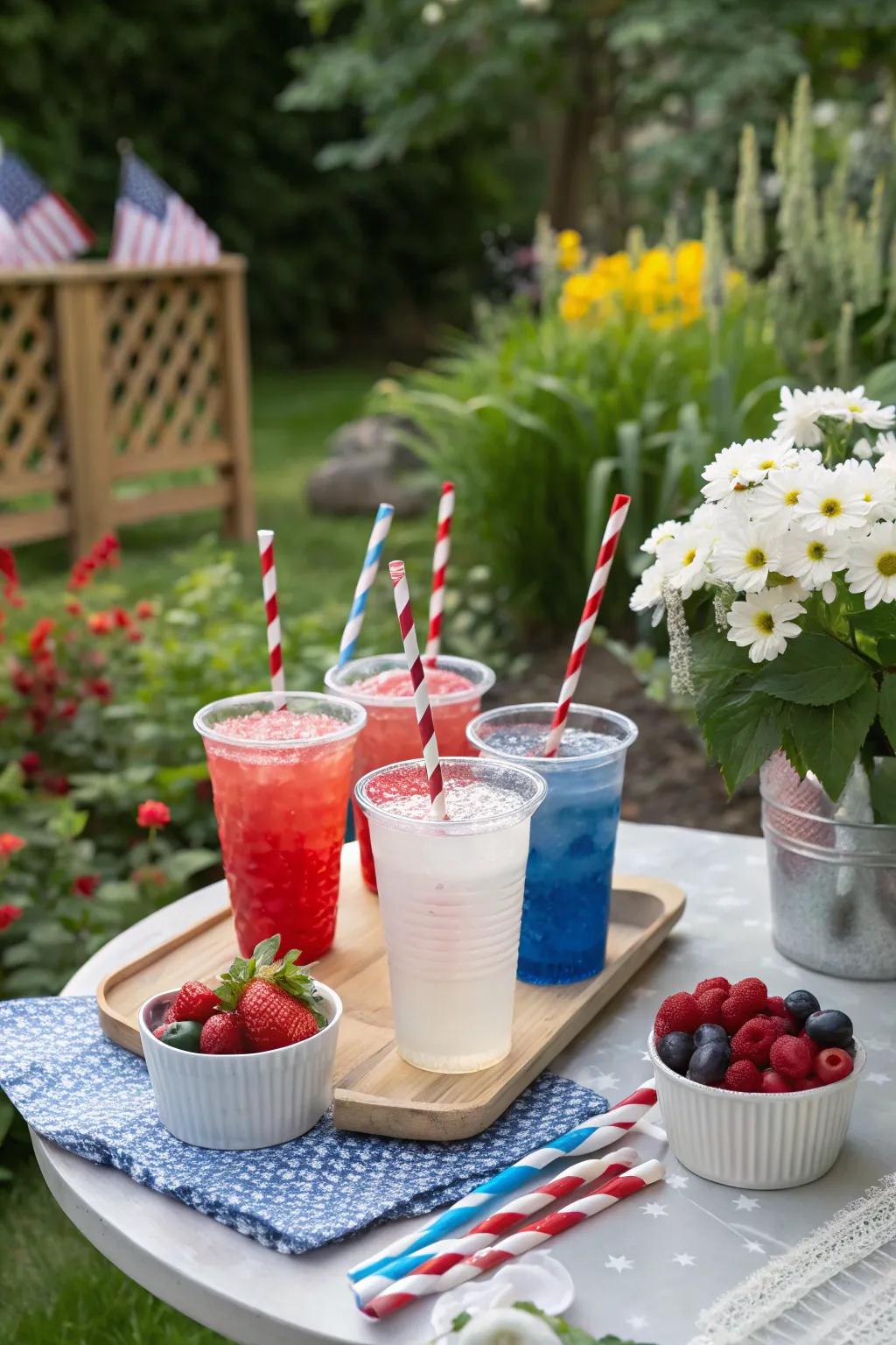 A Coordinated Beverage Bar offers refreshing options in patriotic colors.