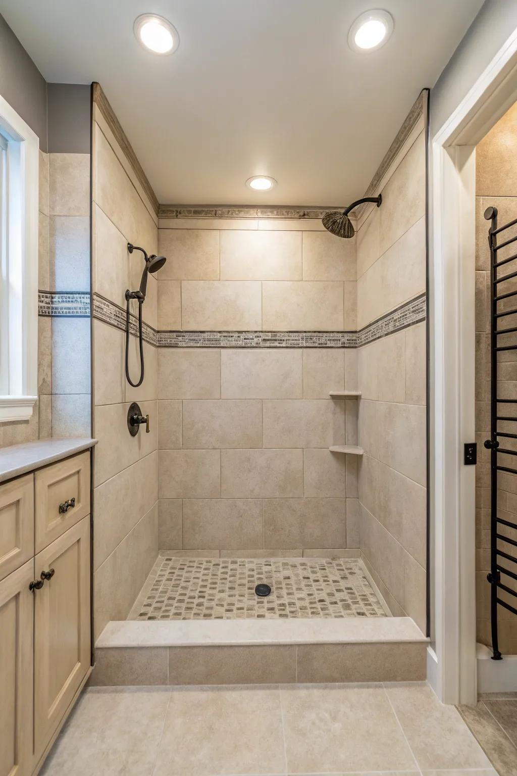 Neutral colors cultivate a tranquil and spacious shower environment.