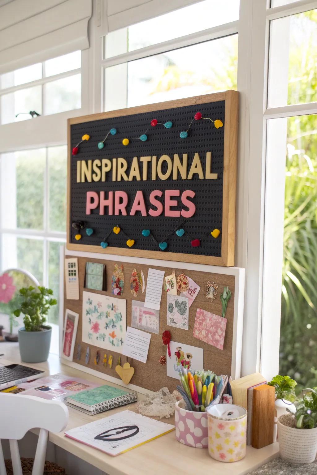 Motivational messages presented in bold, vibrant lettering on a pinboard.