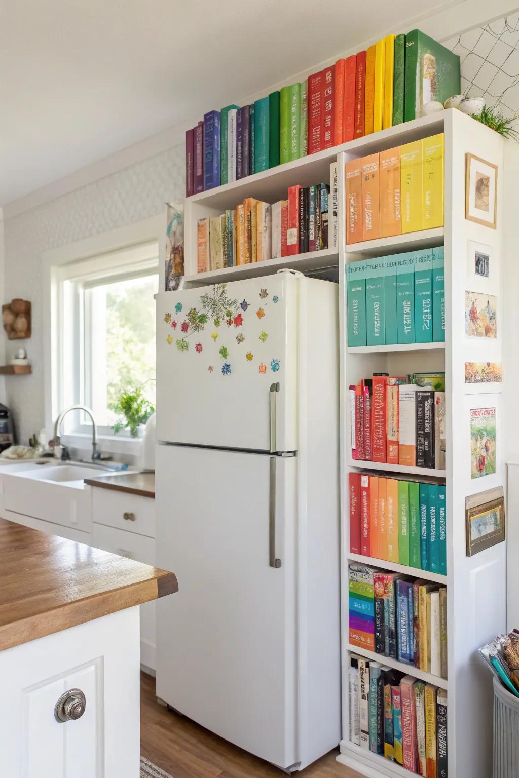 Cookbooks contribute pigment and inspiration above the fridge.