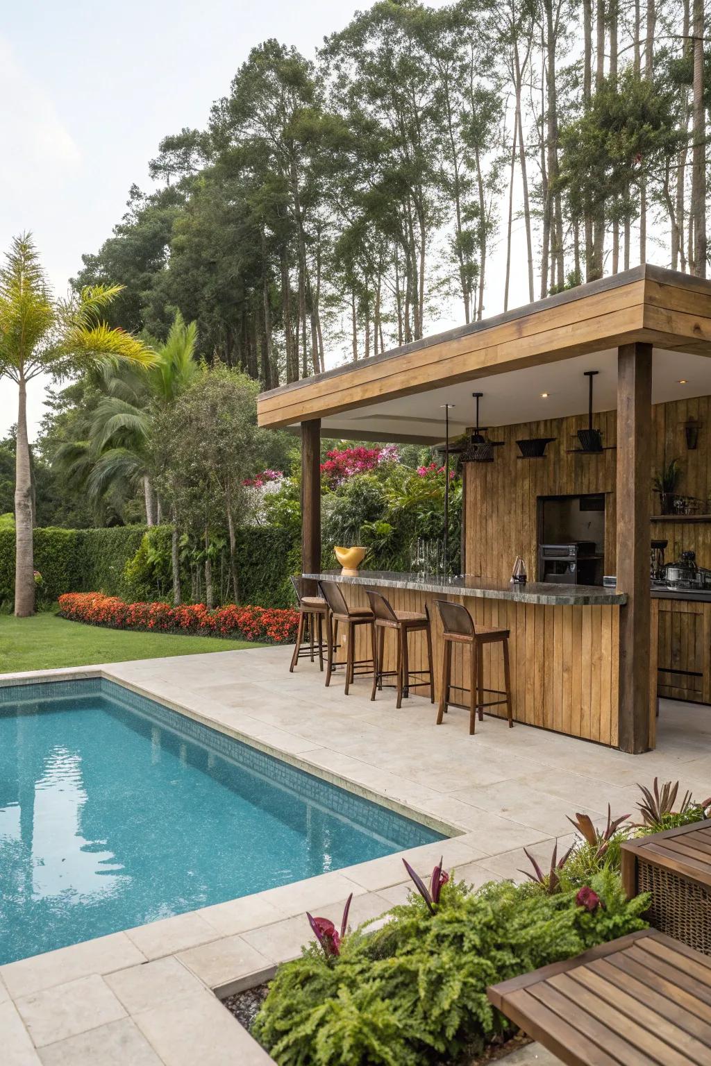 Harmonious wood brings warmth and charm to your poolside bar.