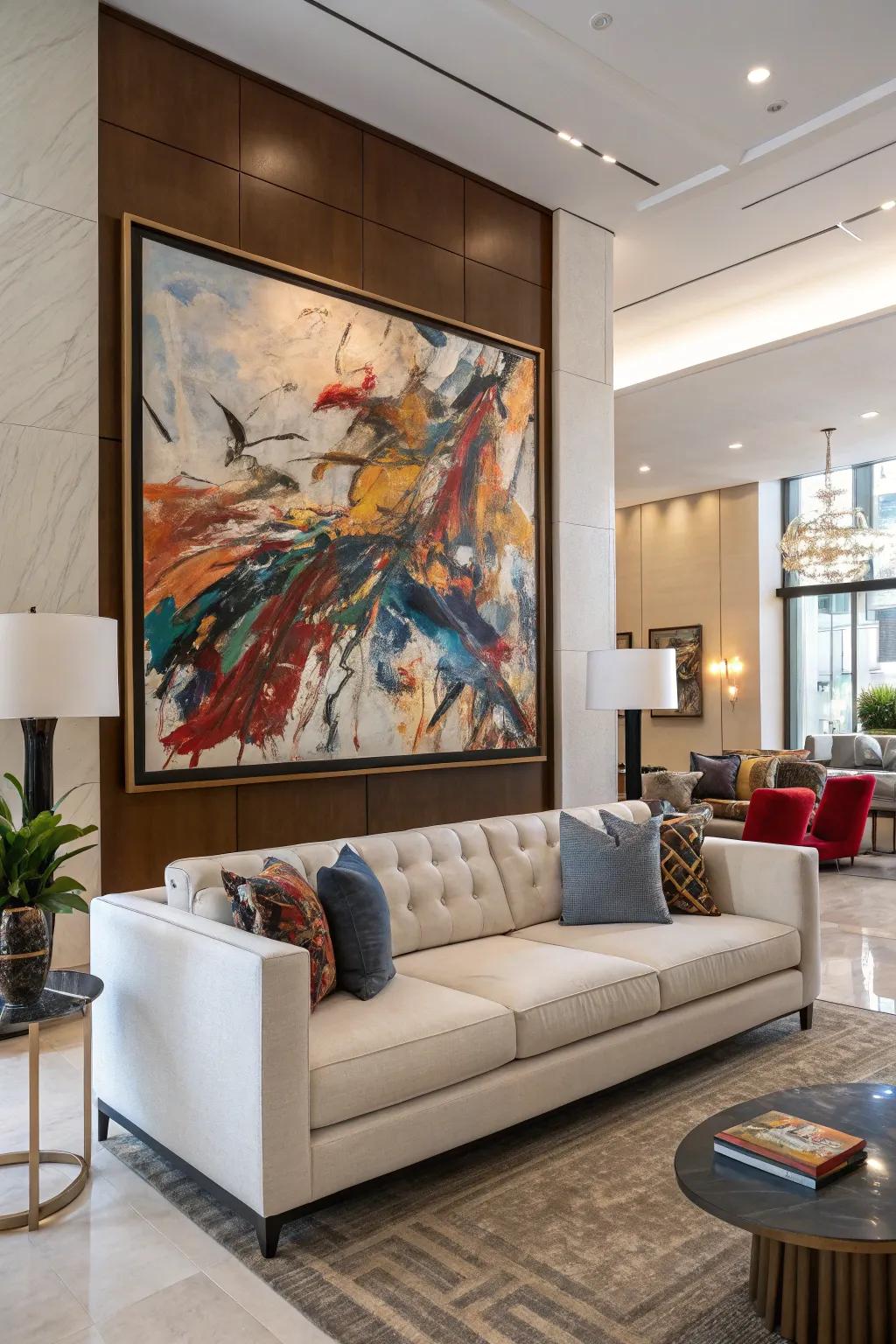 The space is anchored by a striking focal point above the couch.