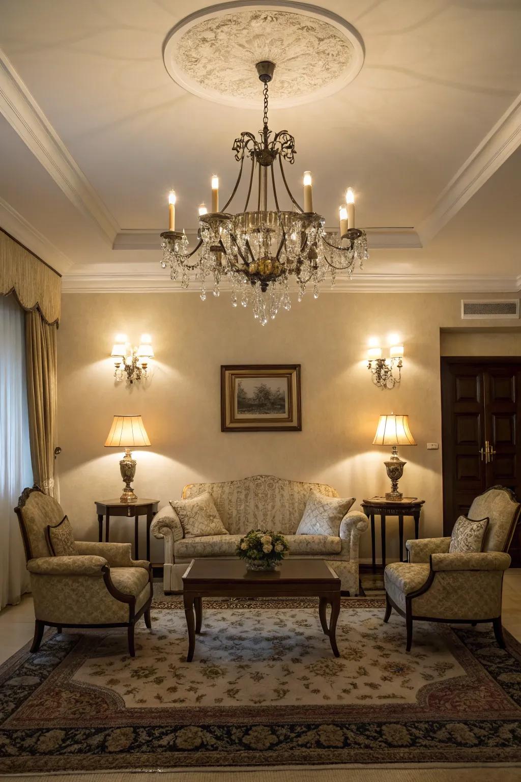 Chandeliers and side lamps add classic elegance.