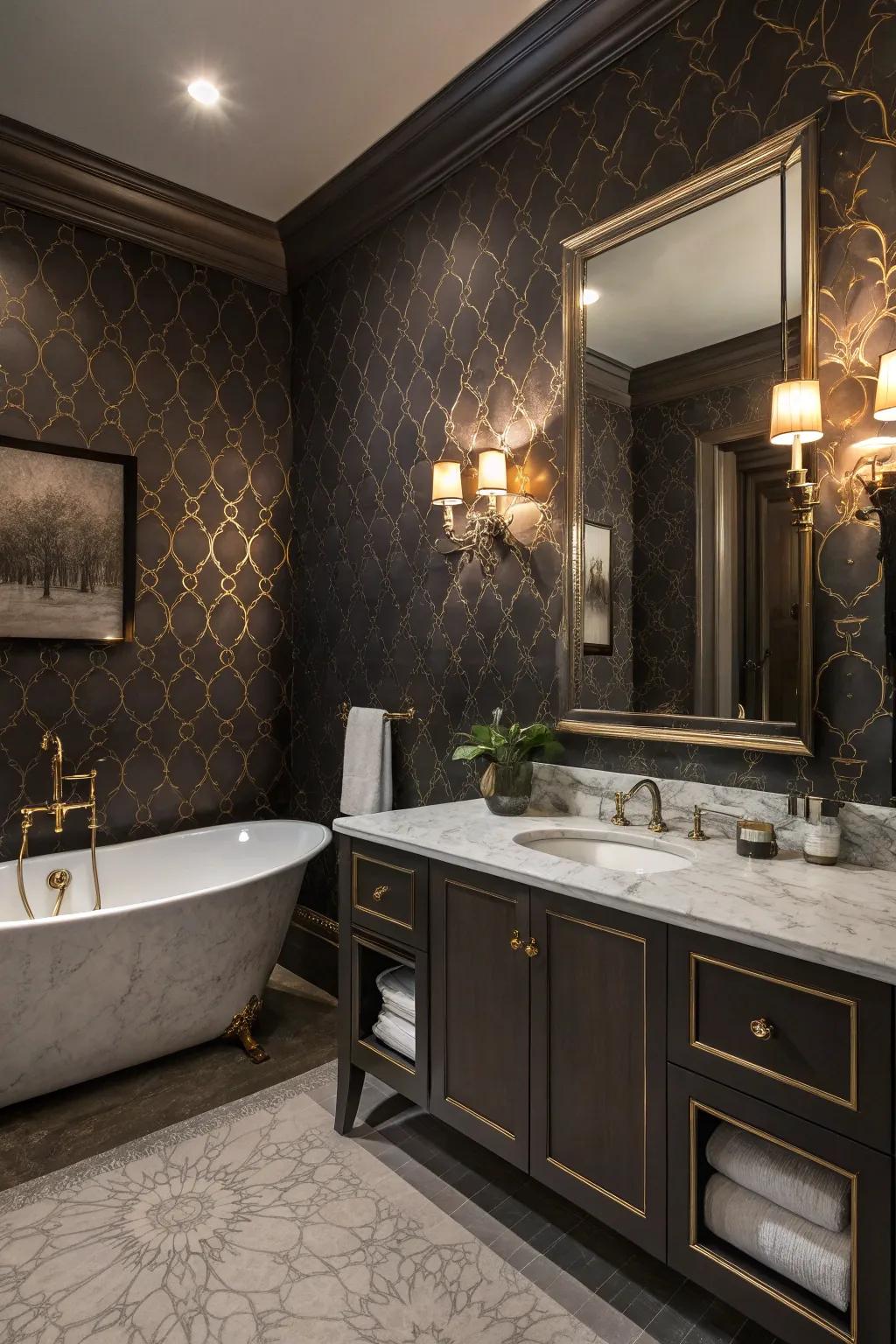 Brooding wallpaper turns the restroom into a luxurious haven.