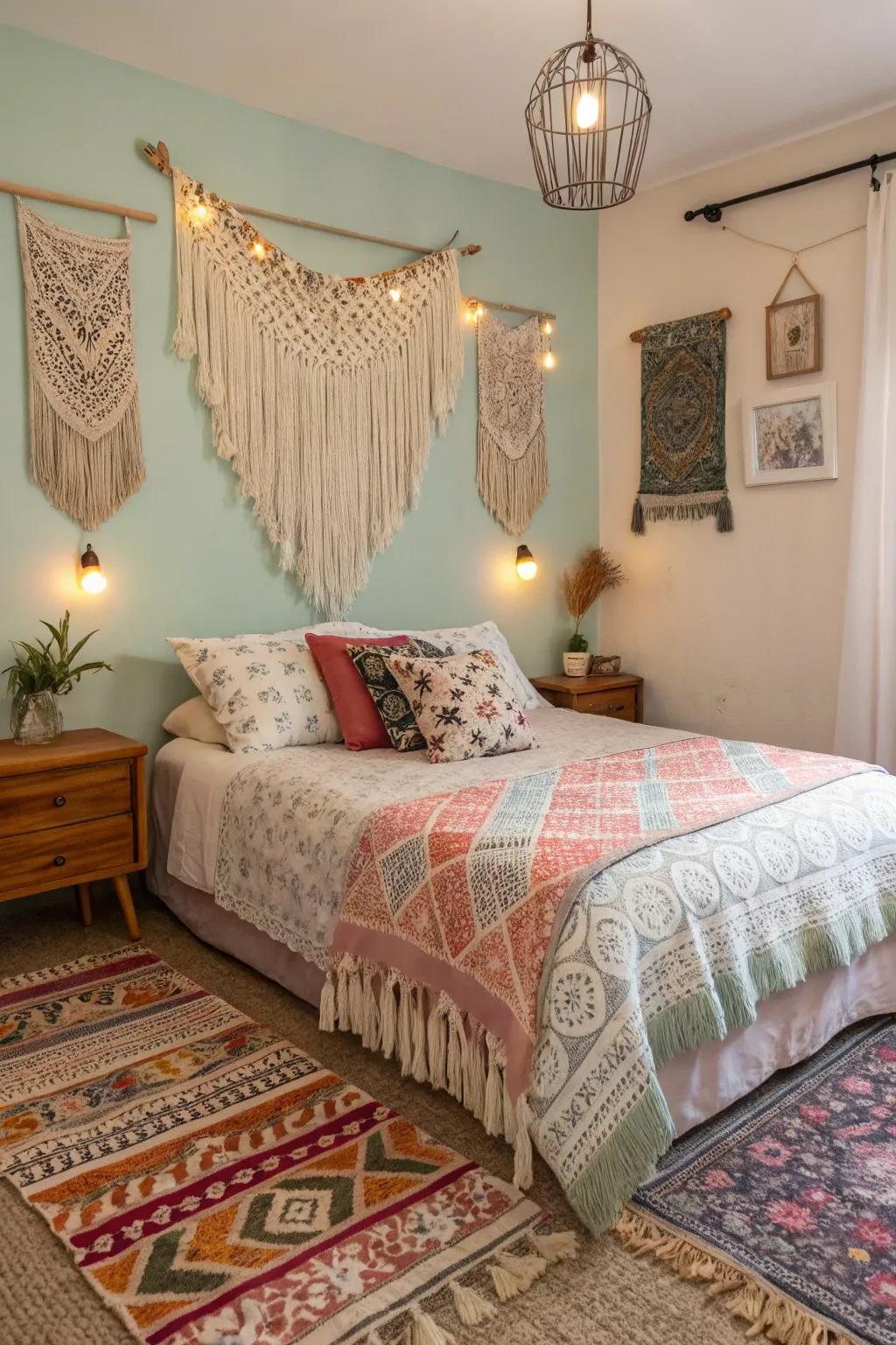 Bohemian elements infuse eclectic charm.
