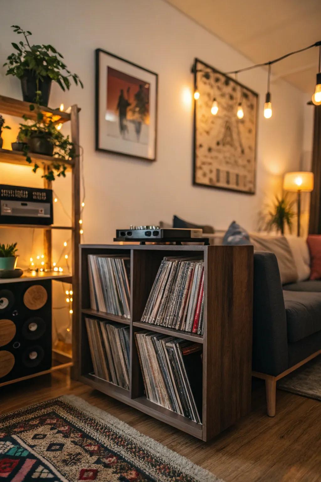 A bespoke vinyl record shelf designed to reflect personal style and enhance the room's decor.