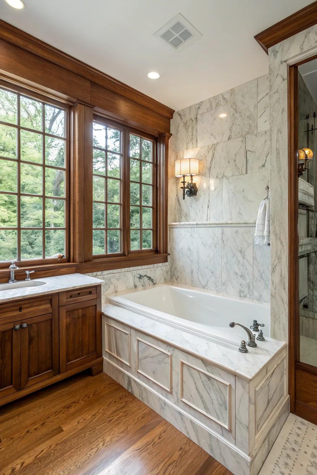 Realize a sophisticated aesthetic with a fusion of polished stone and wood.