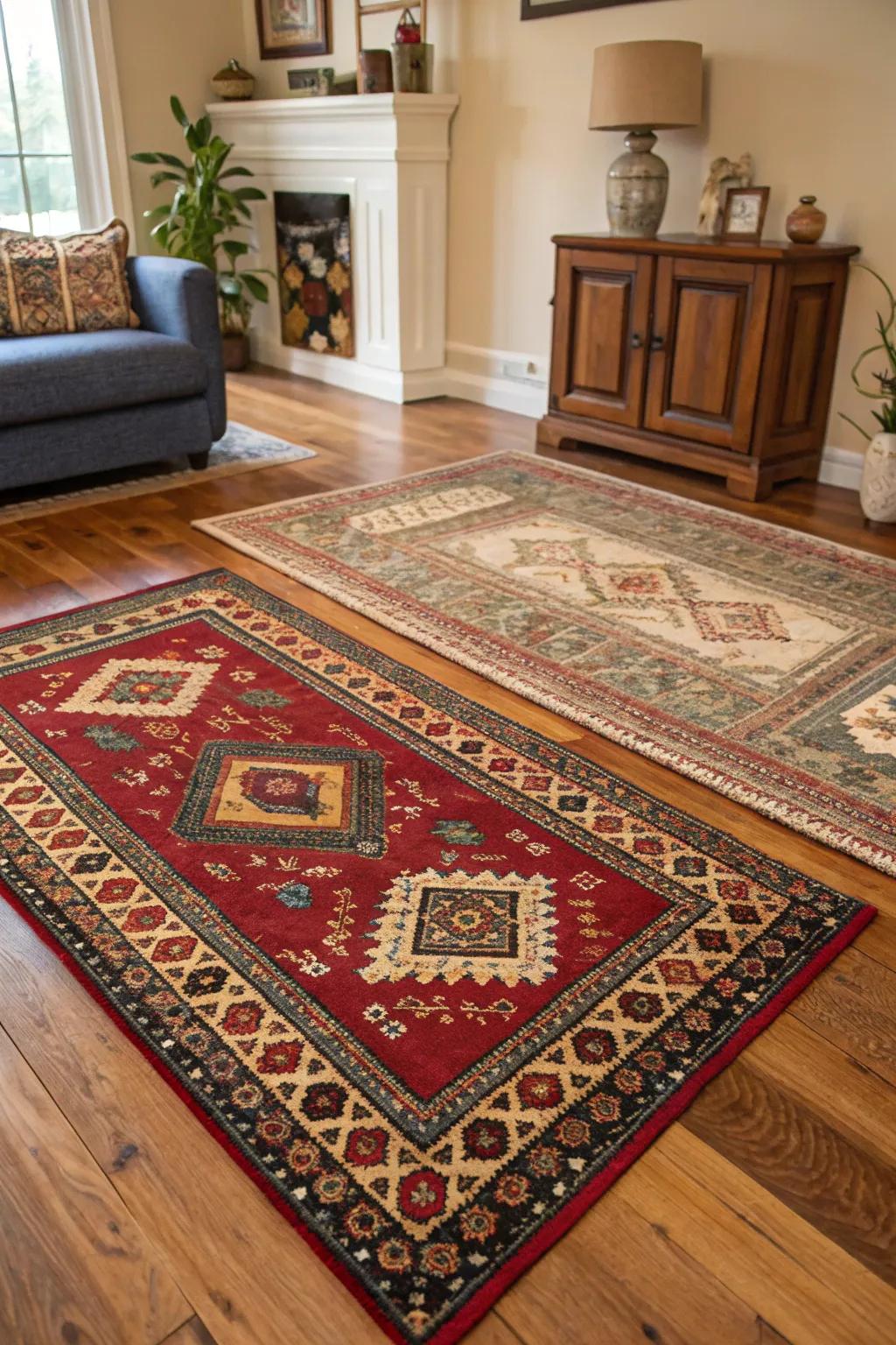Customary rugs injecting warmth and texture to a colonial-style space.