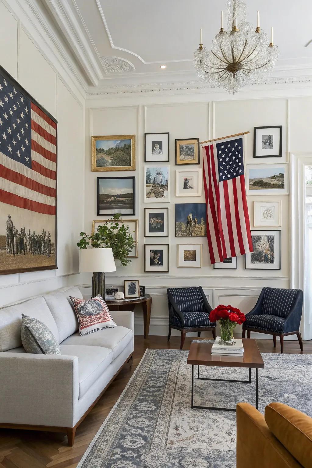 This living space is elevated by a gallery wall featuring a patriotic theme.