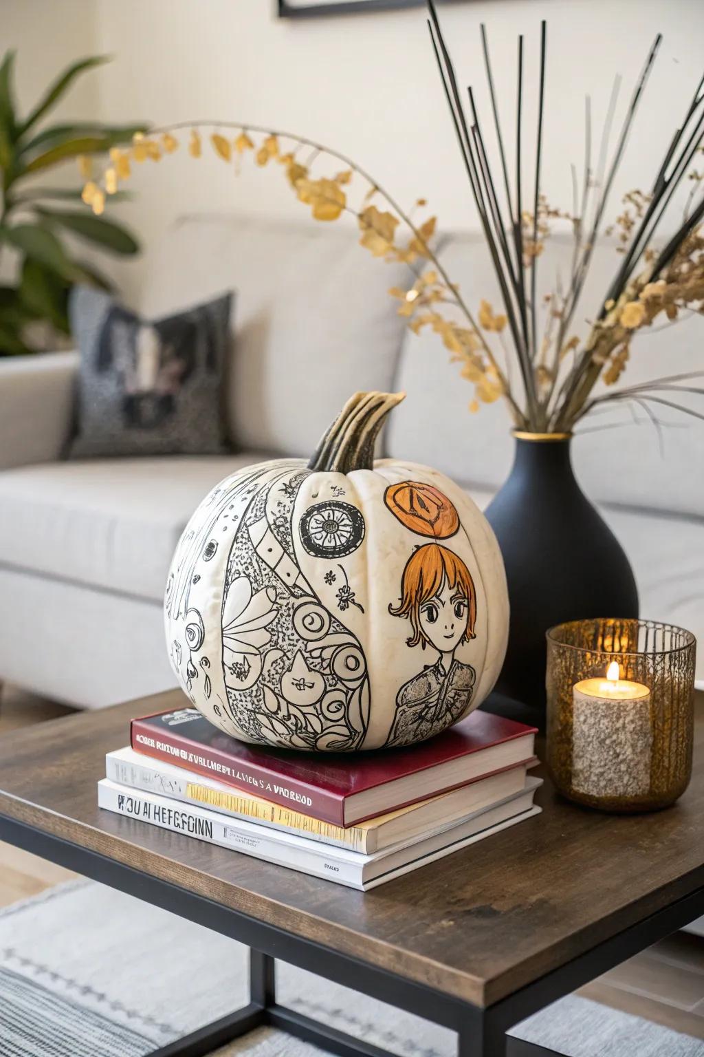 Highlight your creative flair with patterns inspired by anime on pumpkins.