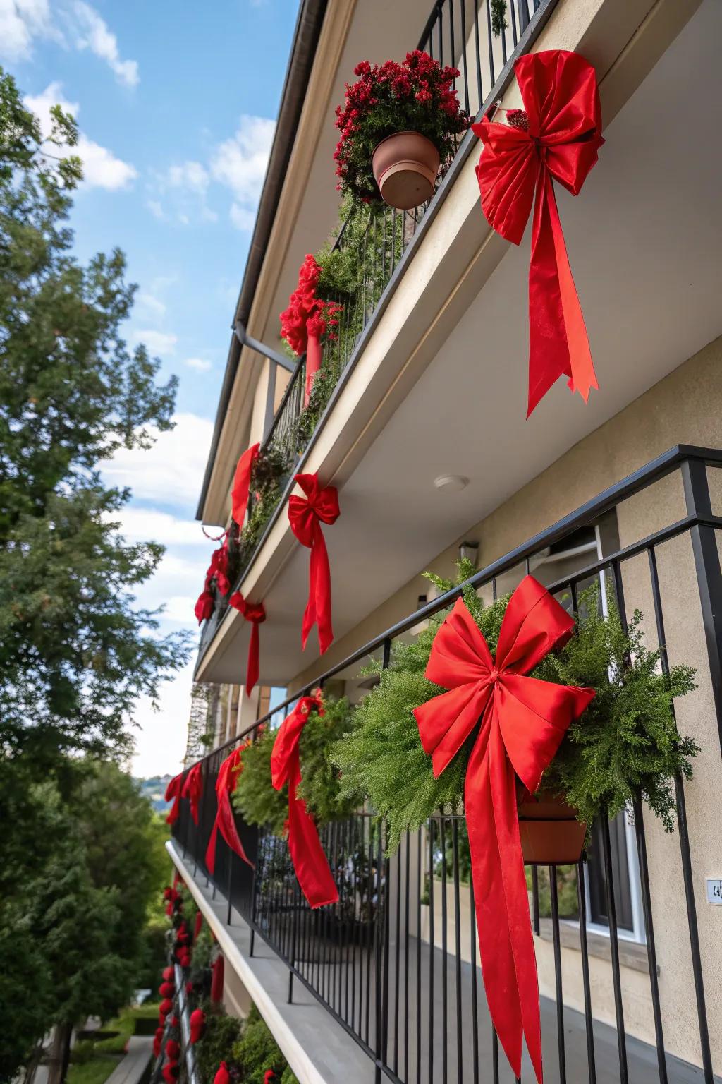 Scarlet tied ribbons and laces impart a semblance of sophistication to this balcony.