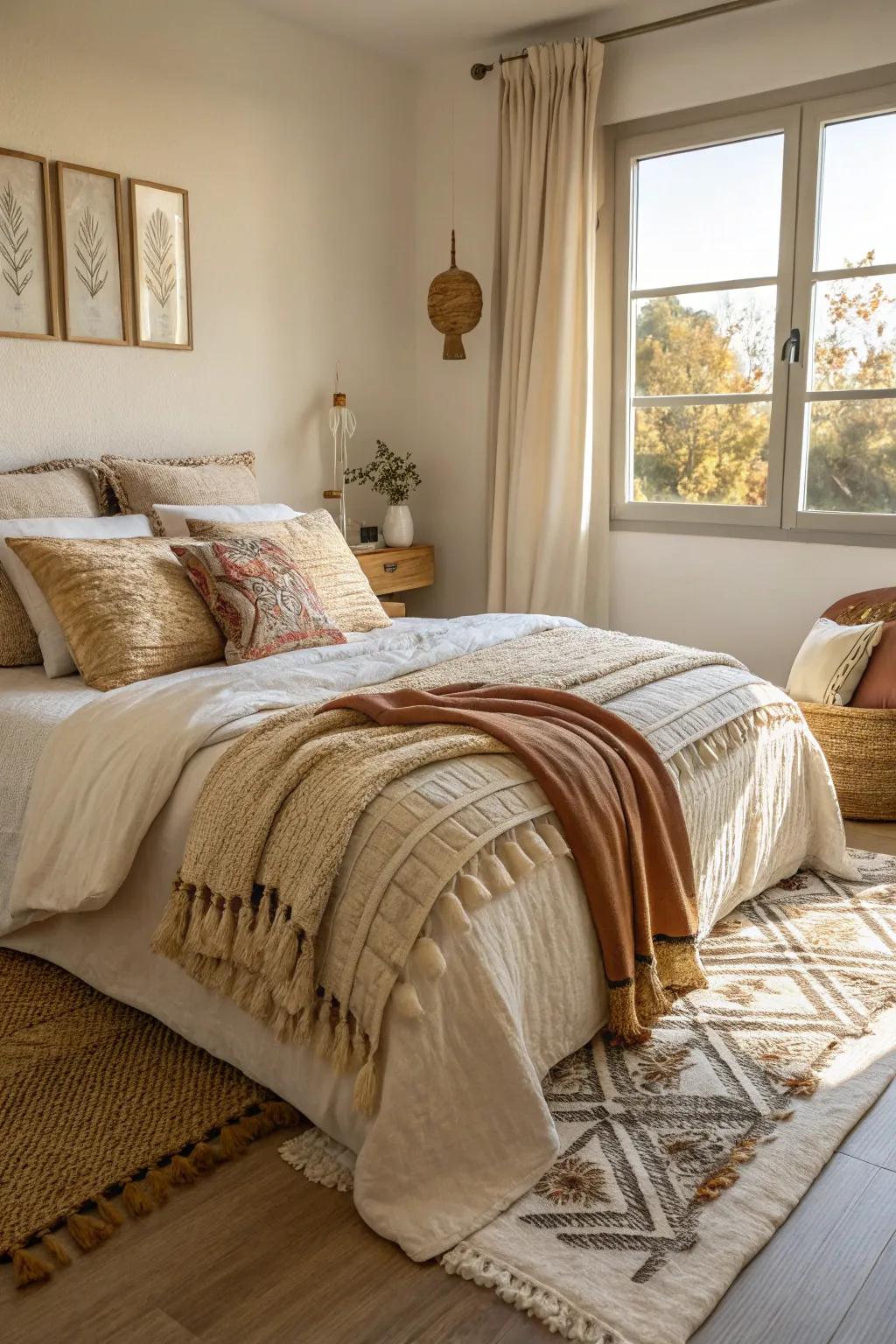 A cozy apartment bedroom showcasing layered fabrics in its bedding and decor.