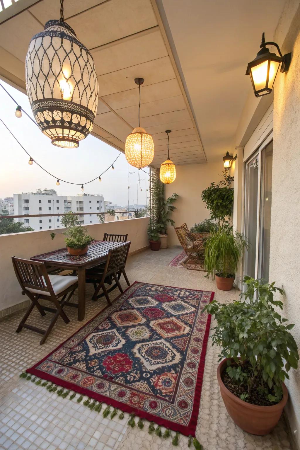 Individual touches like rugs and lanterns mirror personal flair.