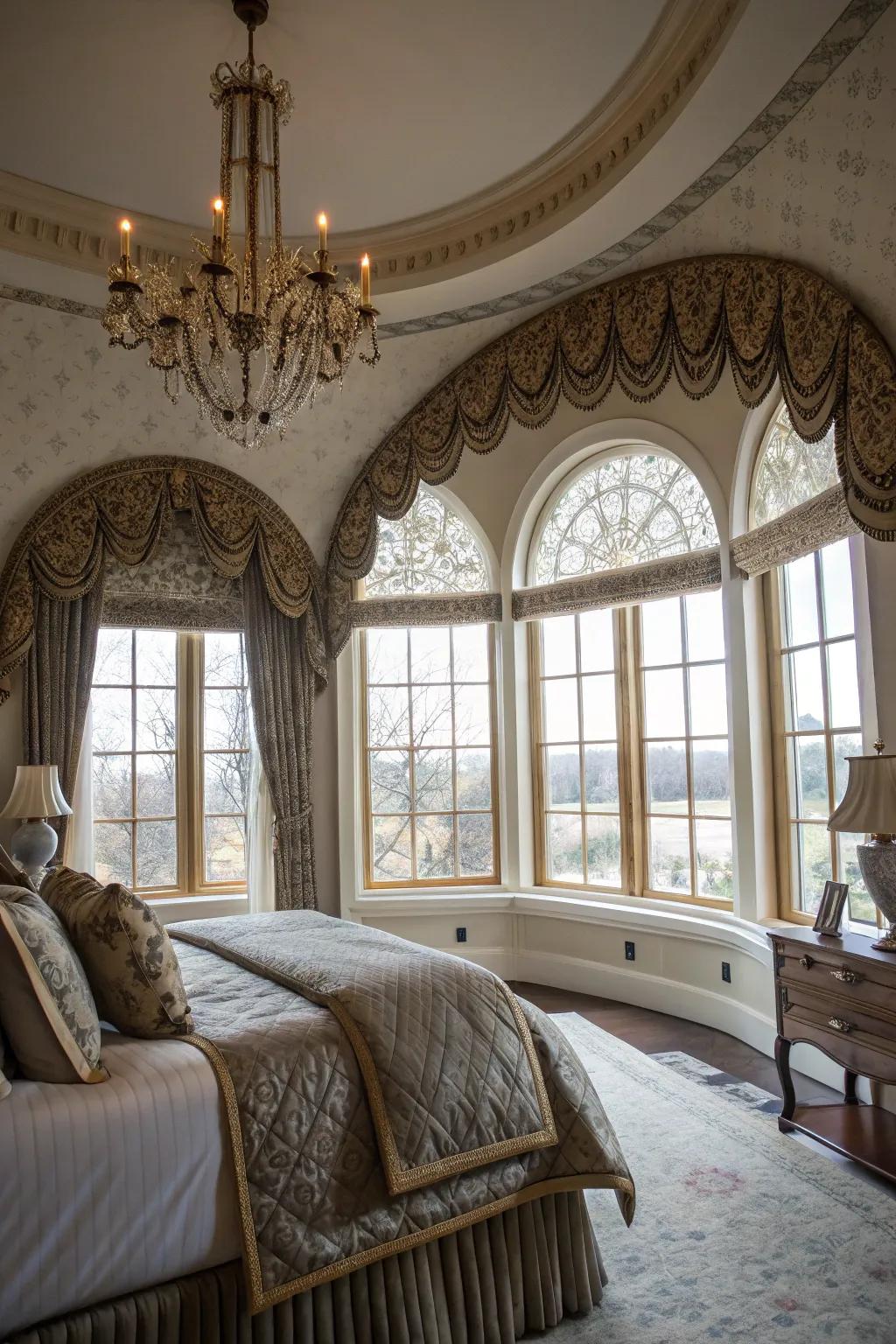 An elegant boudoir showcases arched crowns on windows, enhancing the room's sophisticated ambiance.
