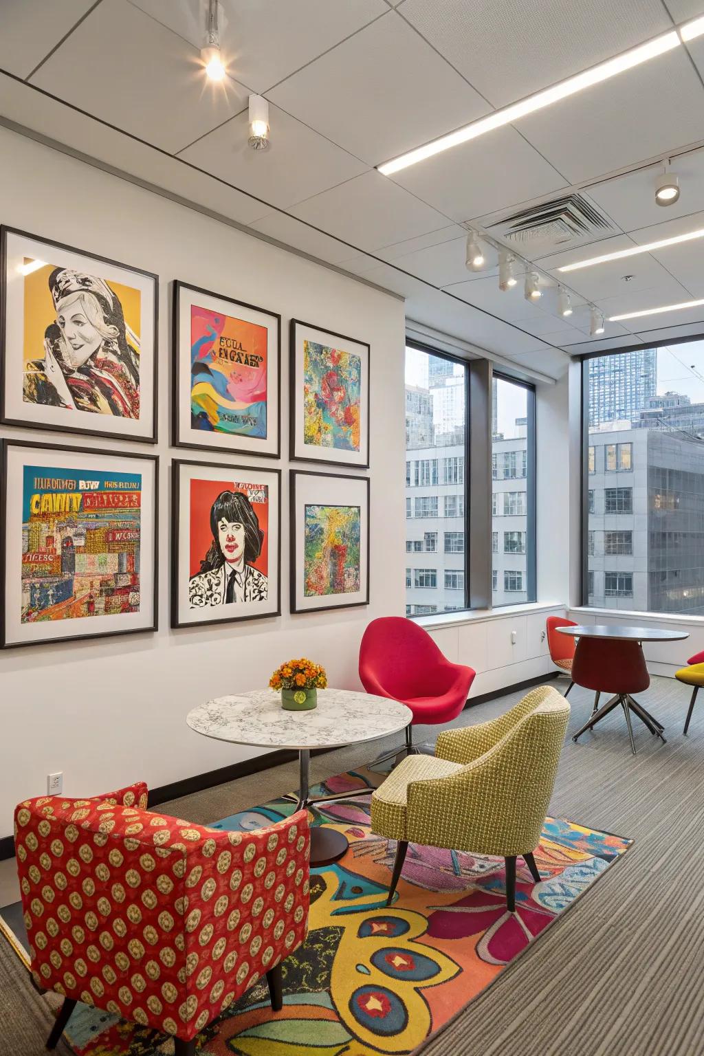 A vibrant pop art display wall introduces a playful and energetic touch to this office setting.