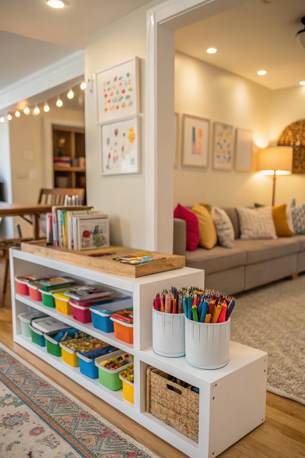 Dedicated storage areas for kids' art supplies encourage creativity.