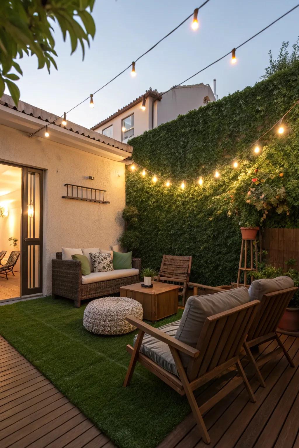 A patio transformed into a serene retreat with the addition of an artificial grass wall.