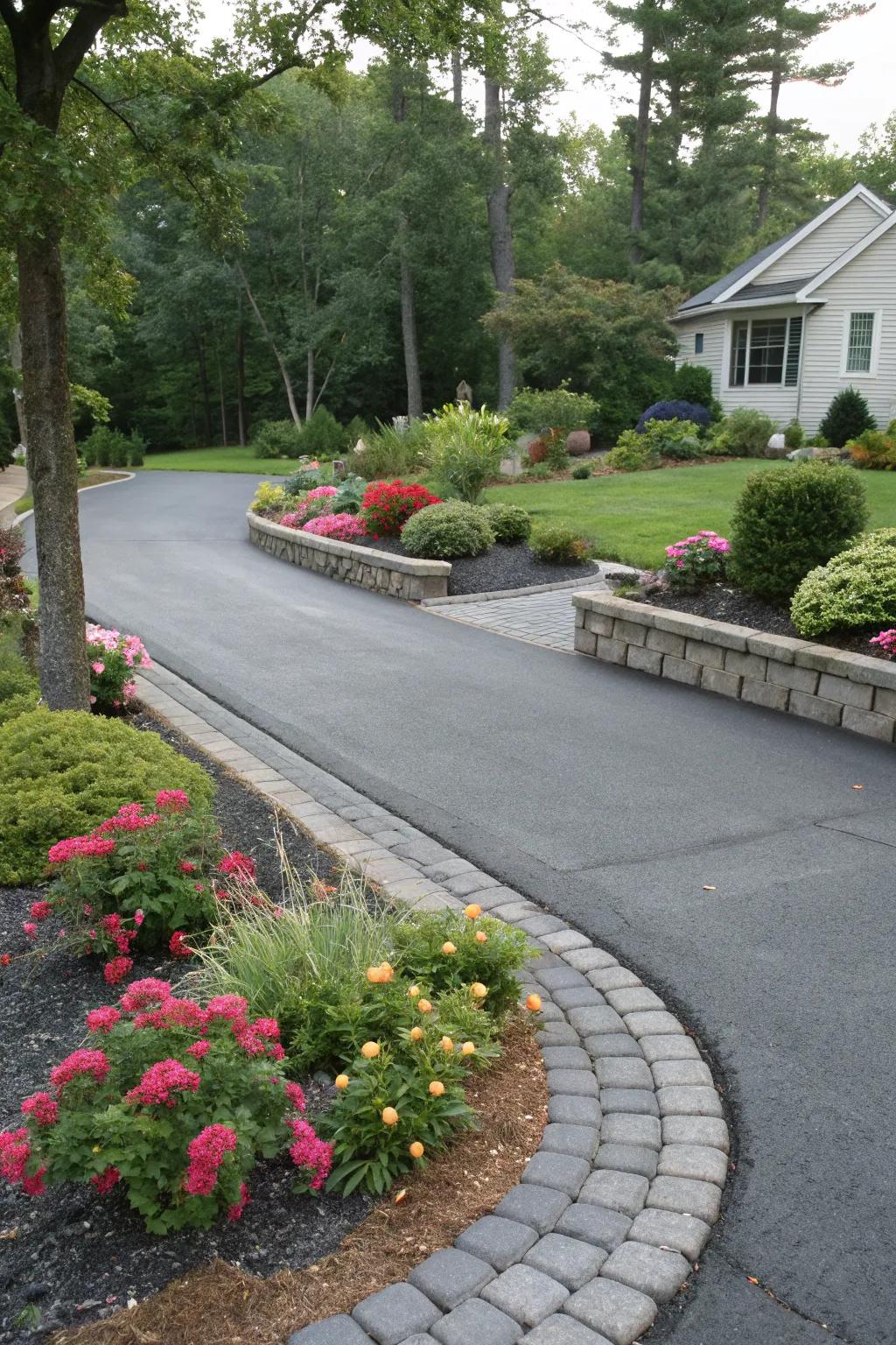 Landscaping elements blend seamlessly with the paver borders of this charming driveway.