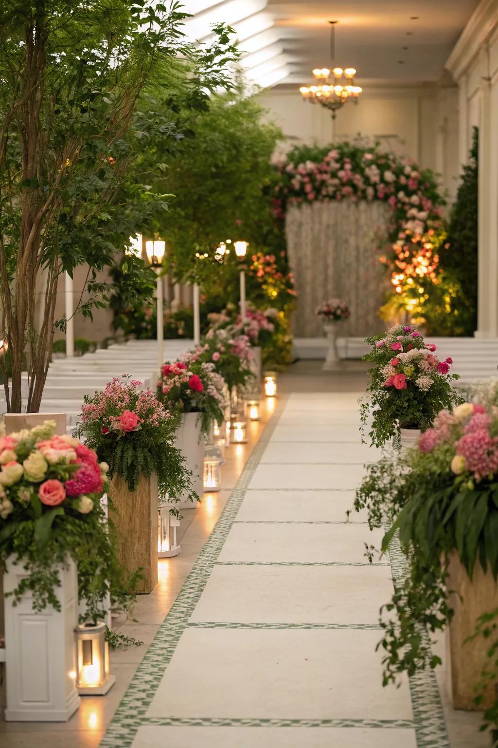 A garden-inspired aisle with potted plants and flowers.