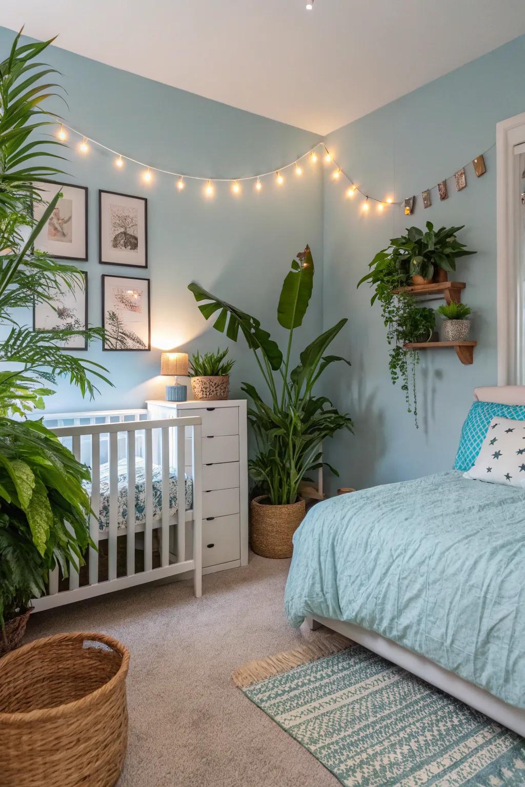 Verdant plants present a refreshing contrast to a serene sky blue bedroom.